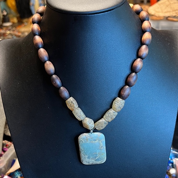 unsigned Jewelry - Natural Stone and Wood Beaded Necklace